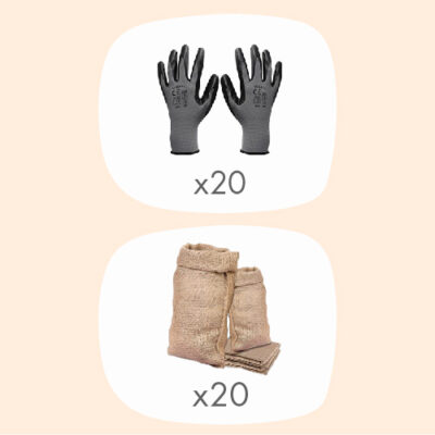 Kit de ramassage de déchets avec gants anti-coupure et sacs réutilisables, idéal pour événements écologiques